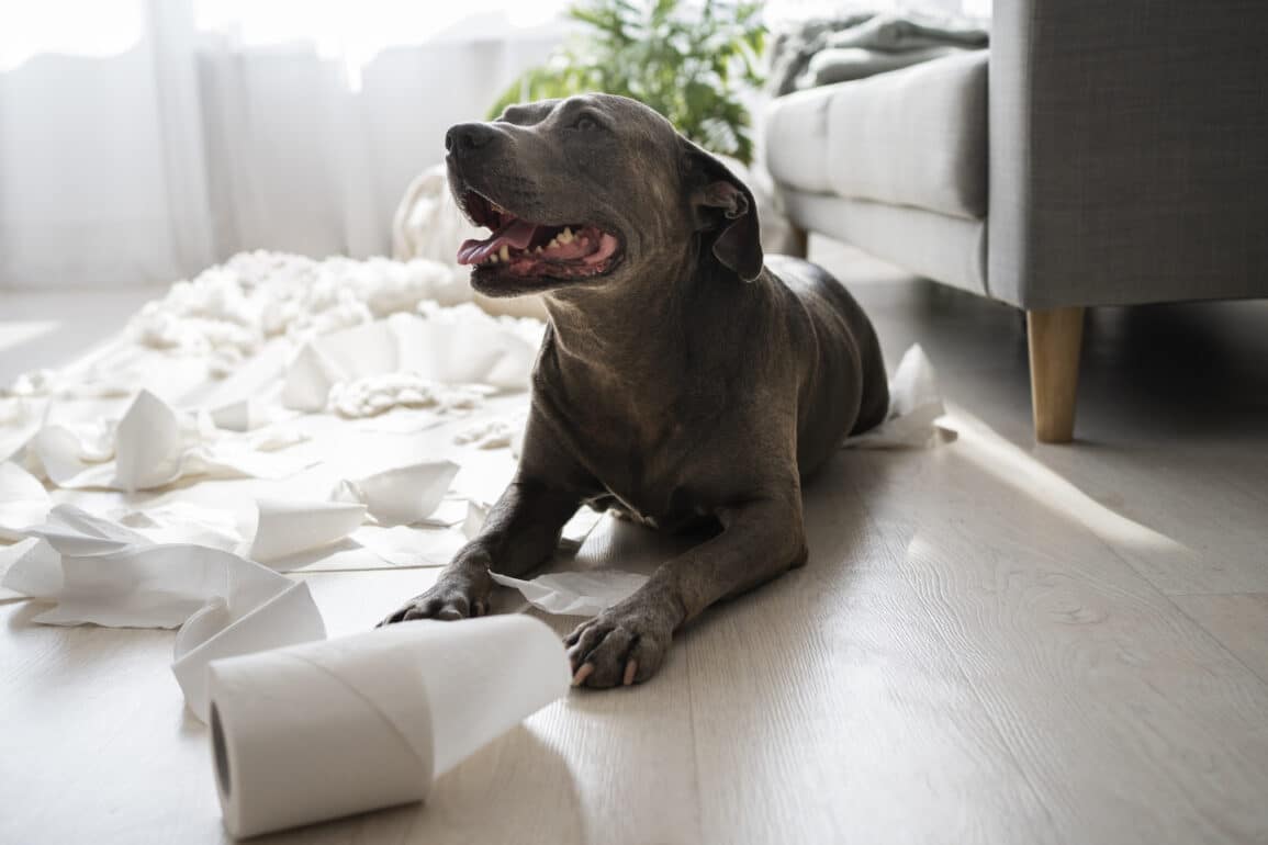 dog playing with toilet paper in a bathroom