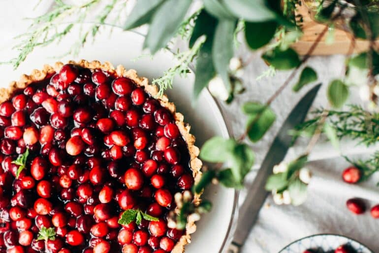 cranberry pie on a kitchen counter