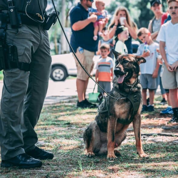 police dog and officer standing in front of a crowd
