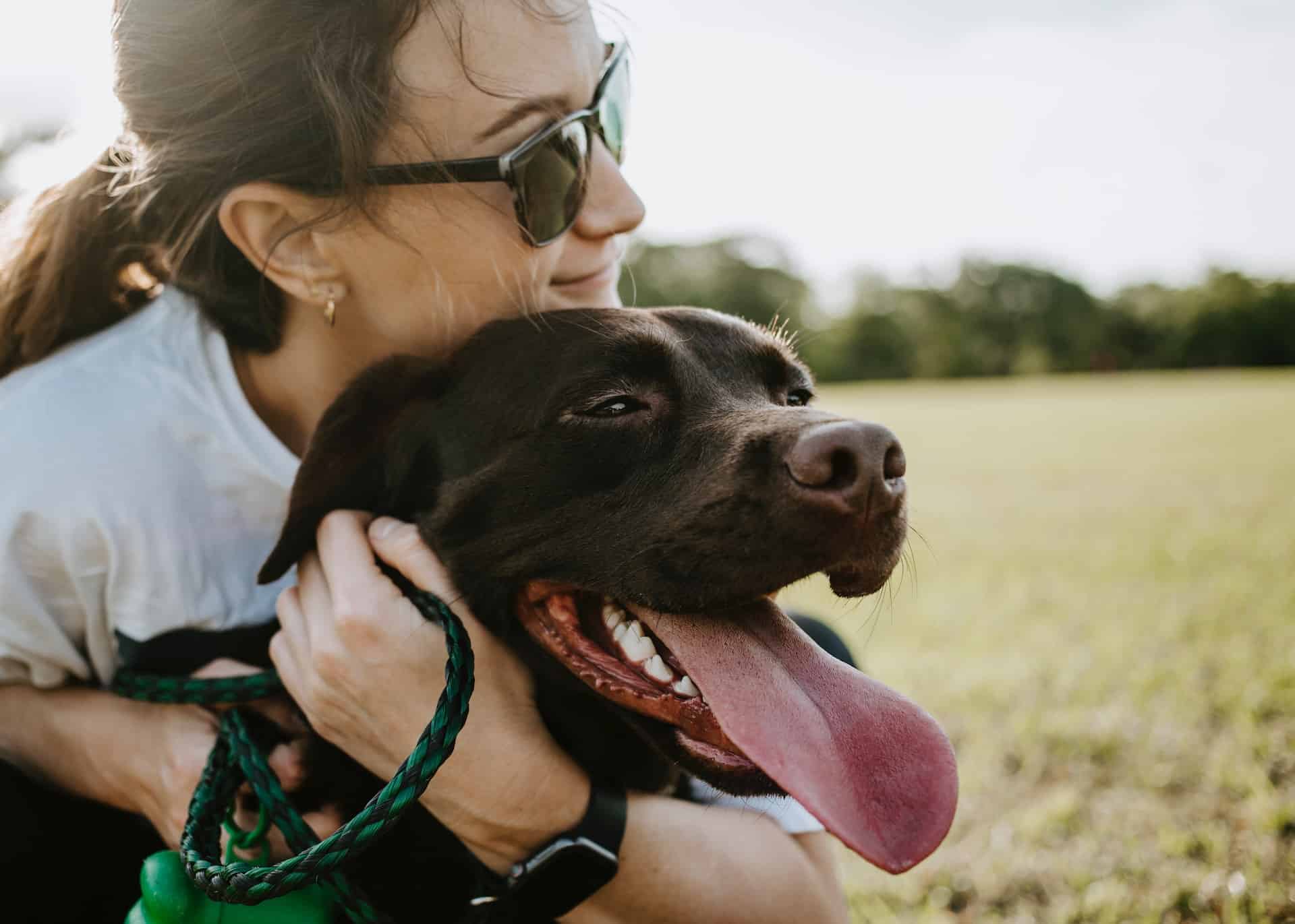 dog owner hug dog tongue out