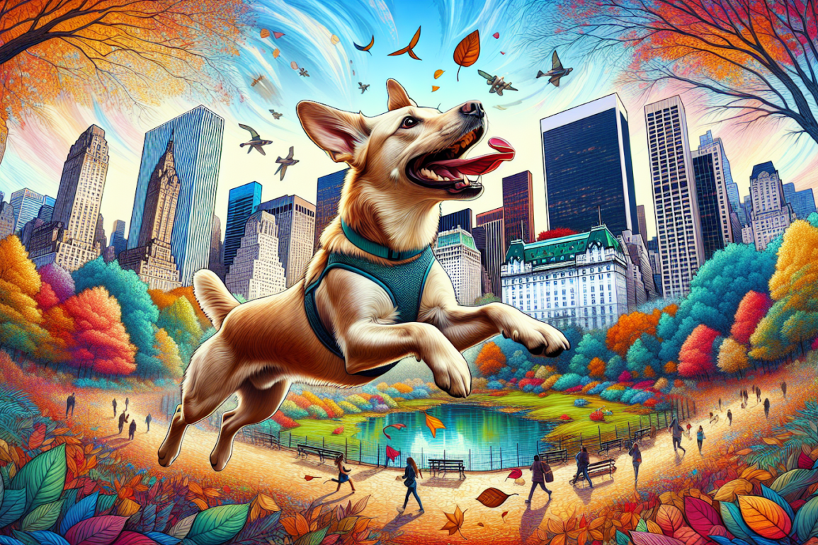 ai dog jumping through central park new york city